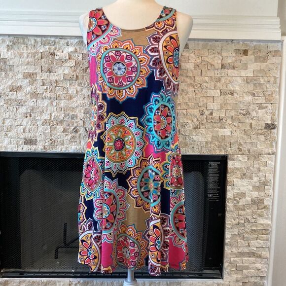 Jenny Boston Racheal The Kelsey Dress In Navy Medallion Print Pockets NWOT - Picture 2 of 11